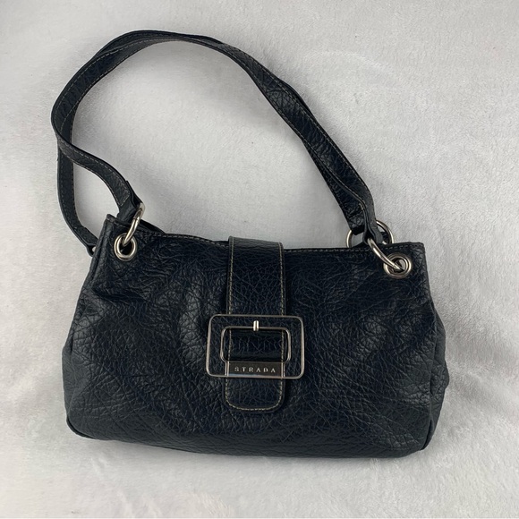 Strada Faux Pebble Leather Double Strap Y2K Purse Handbag‎ Top Handle Black - Picture 1 of 14